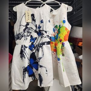 2 Short Flare Cocktail Dresses, 1 Faux Paint Splatter & 1 Butterfly Pattern, Med